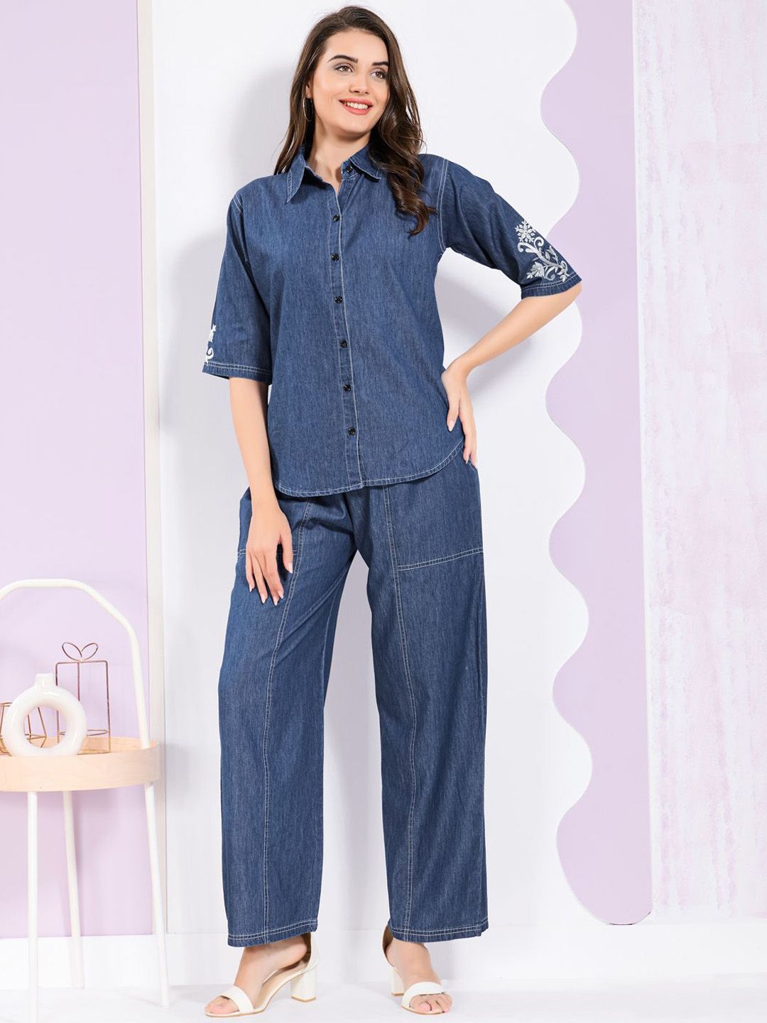Buy Arela Shirt Collar Denim Shirt With Trousers - Co-Ords for