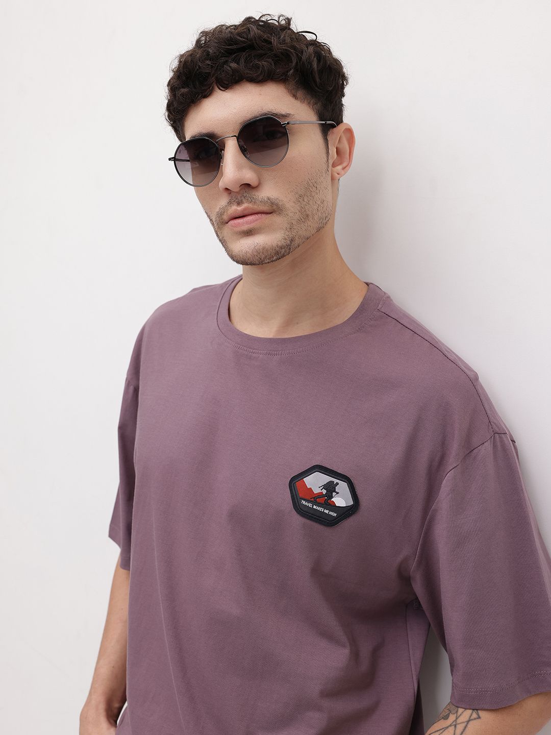The Roadster Life Co. Embroidered Drop-Shoulder Sleeves Pure Cotton Oversized T-shirt