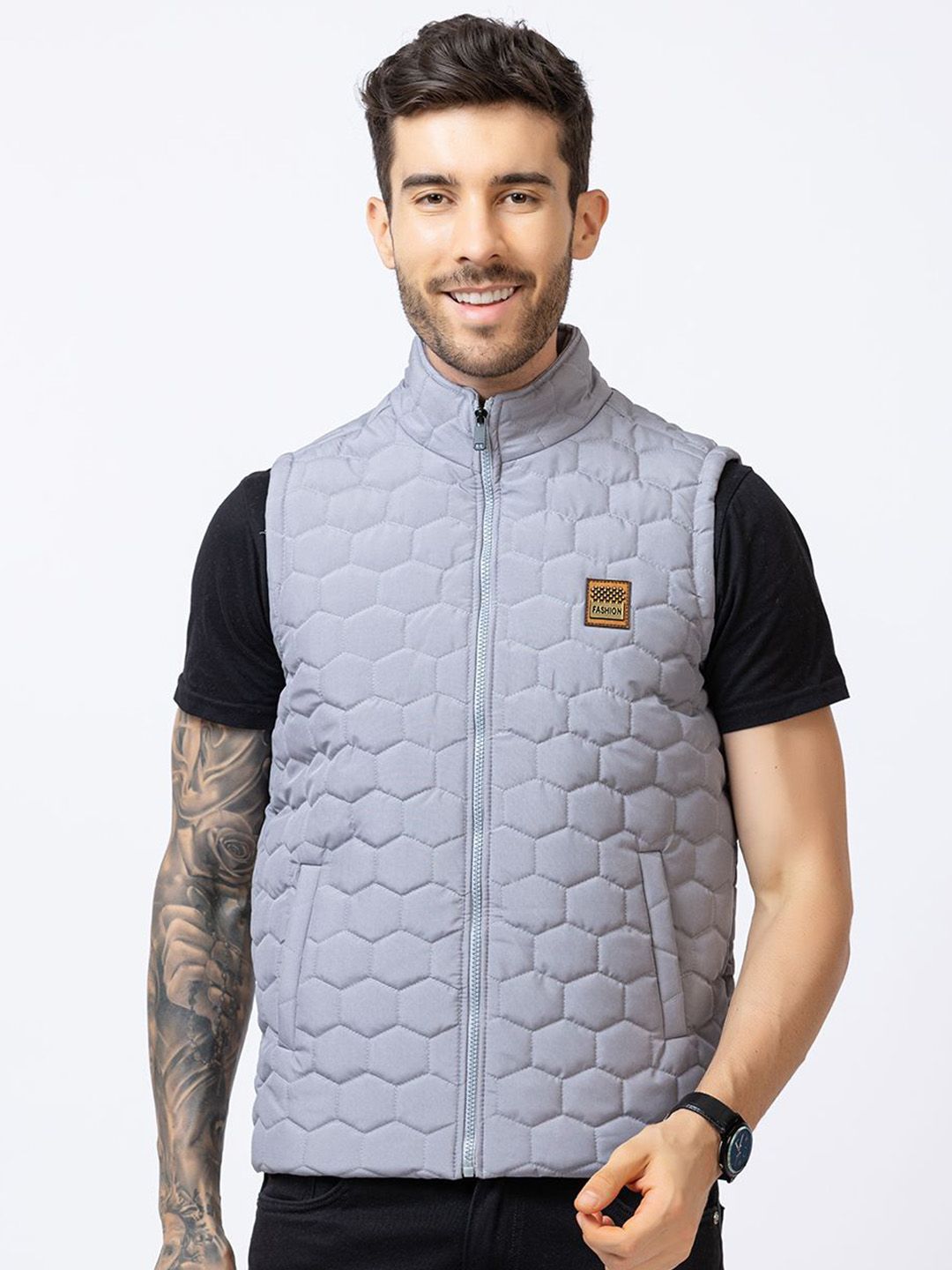 STYLOPLEX Men Stand Collar Geometric Gilet Jacket