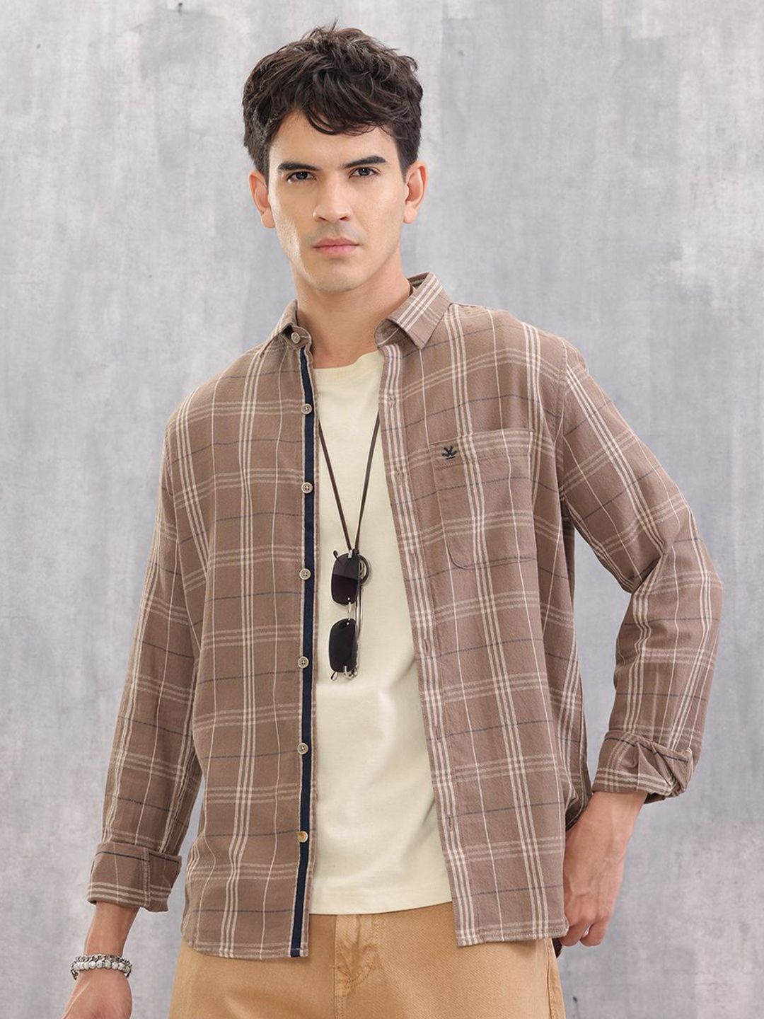 WROGN Men Checked Spread Collar Cotton Casual Shirt