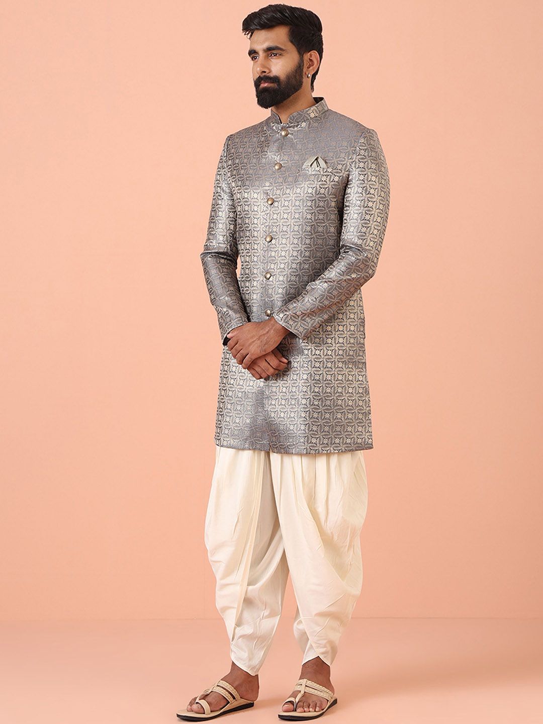 KISAH Men Mandarin Collar Regular Fit Self Design Indowestern Sherwani Dhoti Pant Set