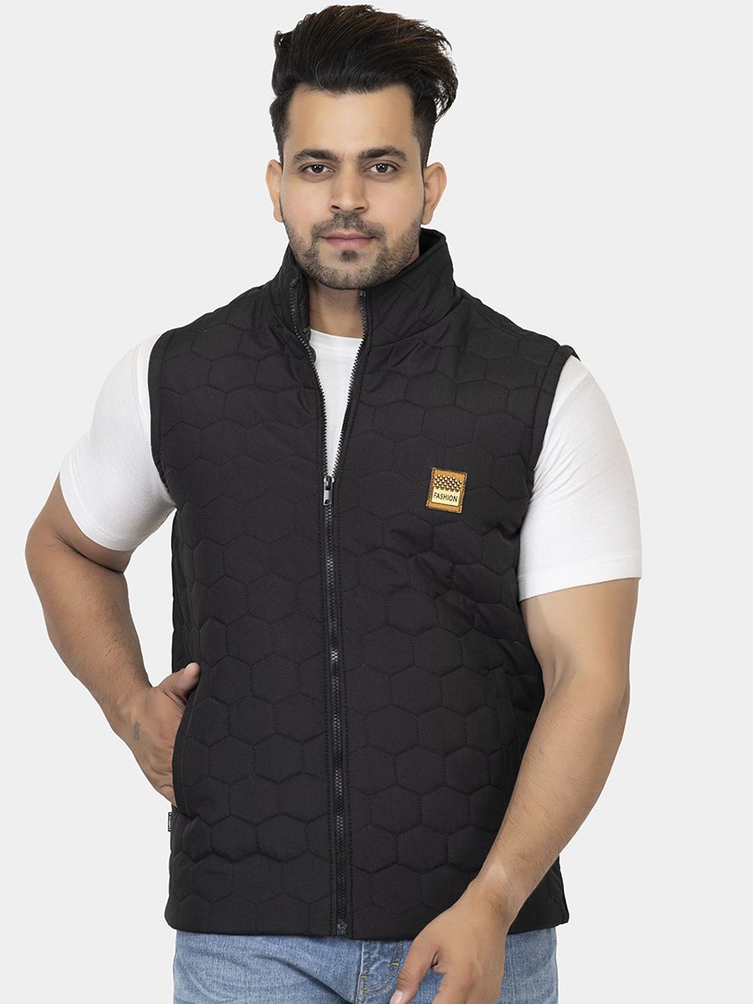 STYLOPLEX Men Stand Collar Geometric Lightweight Gilet Jacket