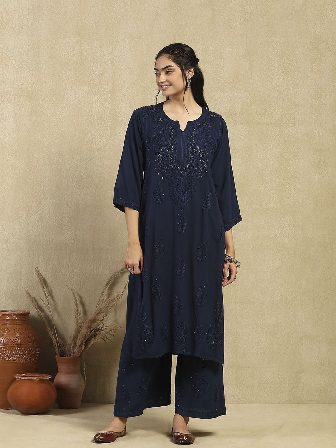 House of Chikankari Women Navy Blue Rayon Chikankari Embroidered Kurta Set