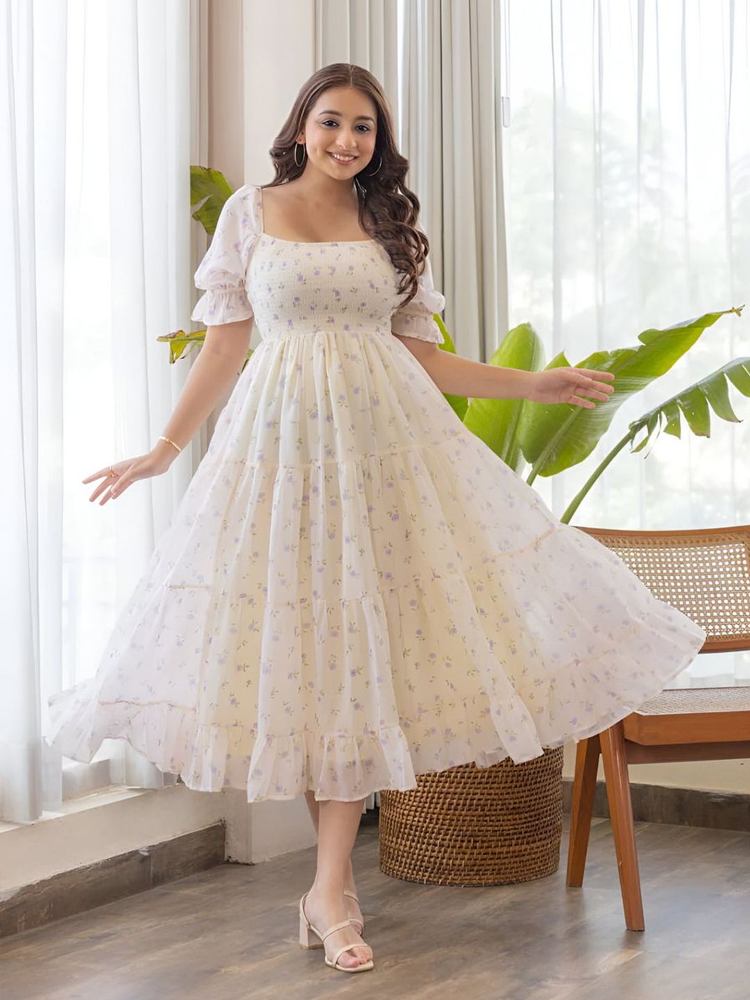 Buy OTABU Floral Print Puff Sleeve Smocked Fit and Flare Midi