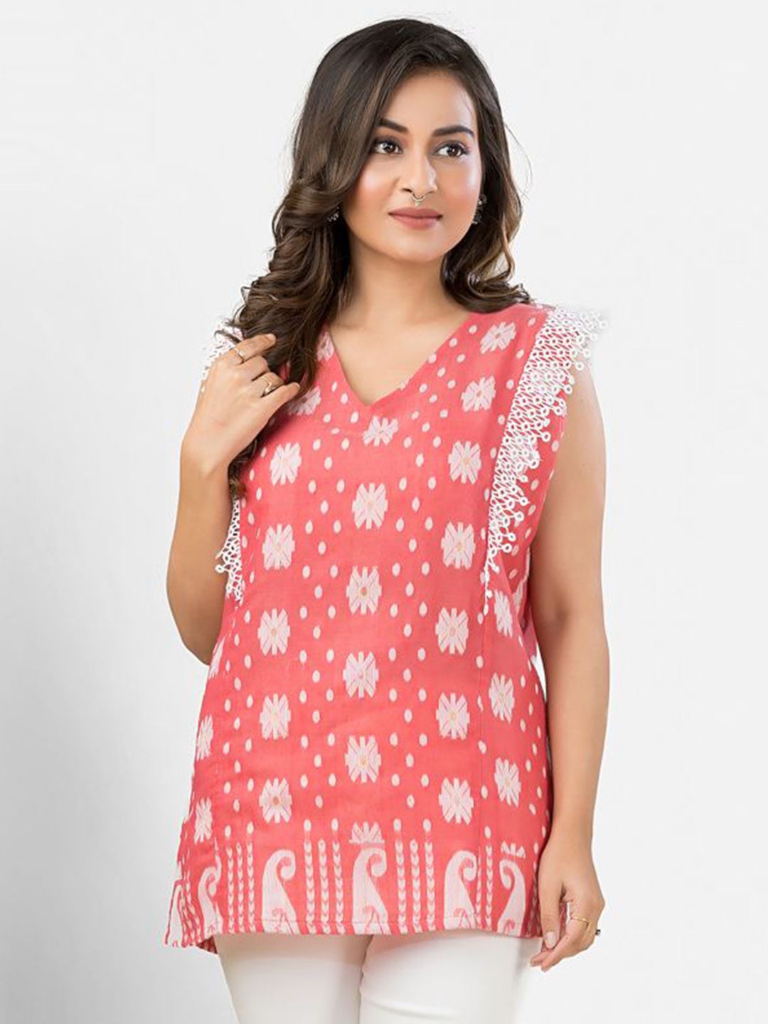 Crazy Needle Women Ethnic Motifs Printed Lace Inserts Regular Top