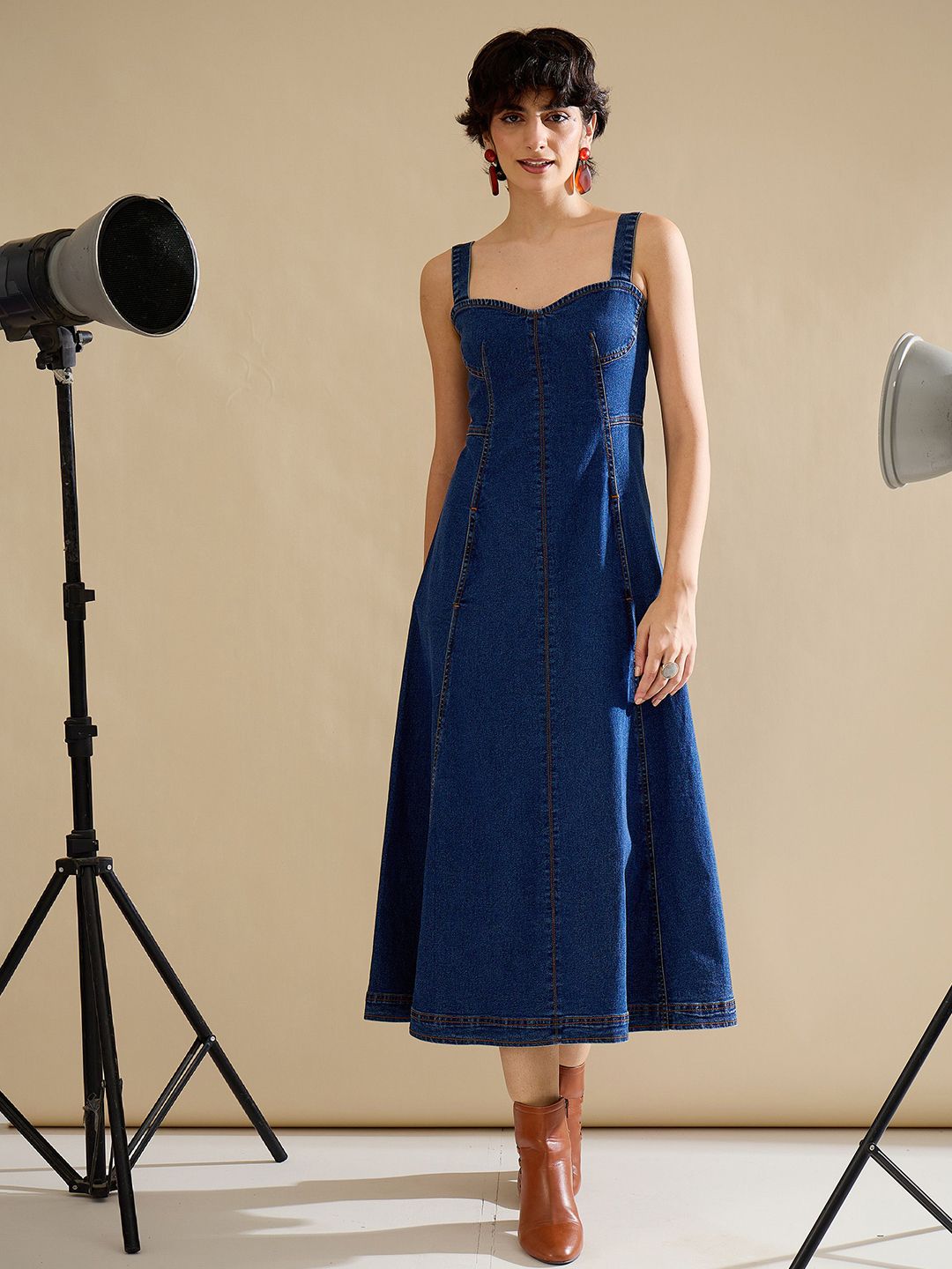SASSAFRAS Women Shoulder Straps Indigo Denim A-Line Midi Dress
