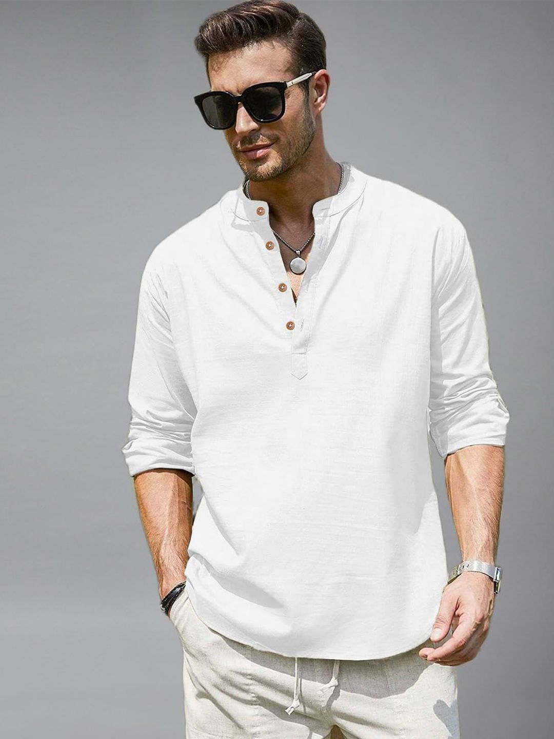 Vida Loca Vida Loca Men Mandarin Collar Roll-Up Sleeves Slim Fit Cotton Kurta