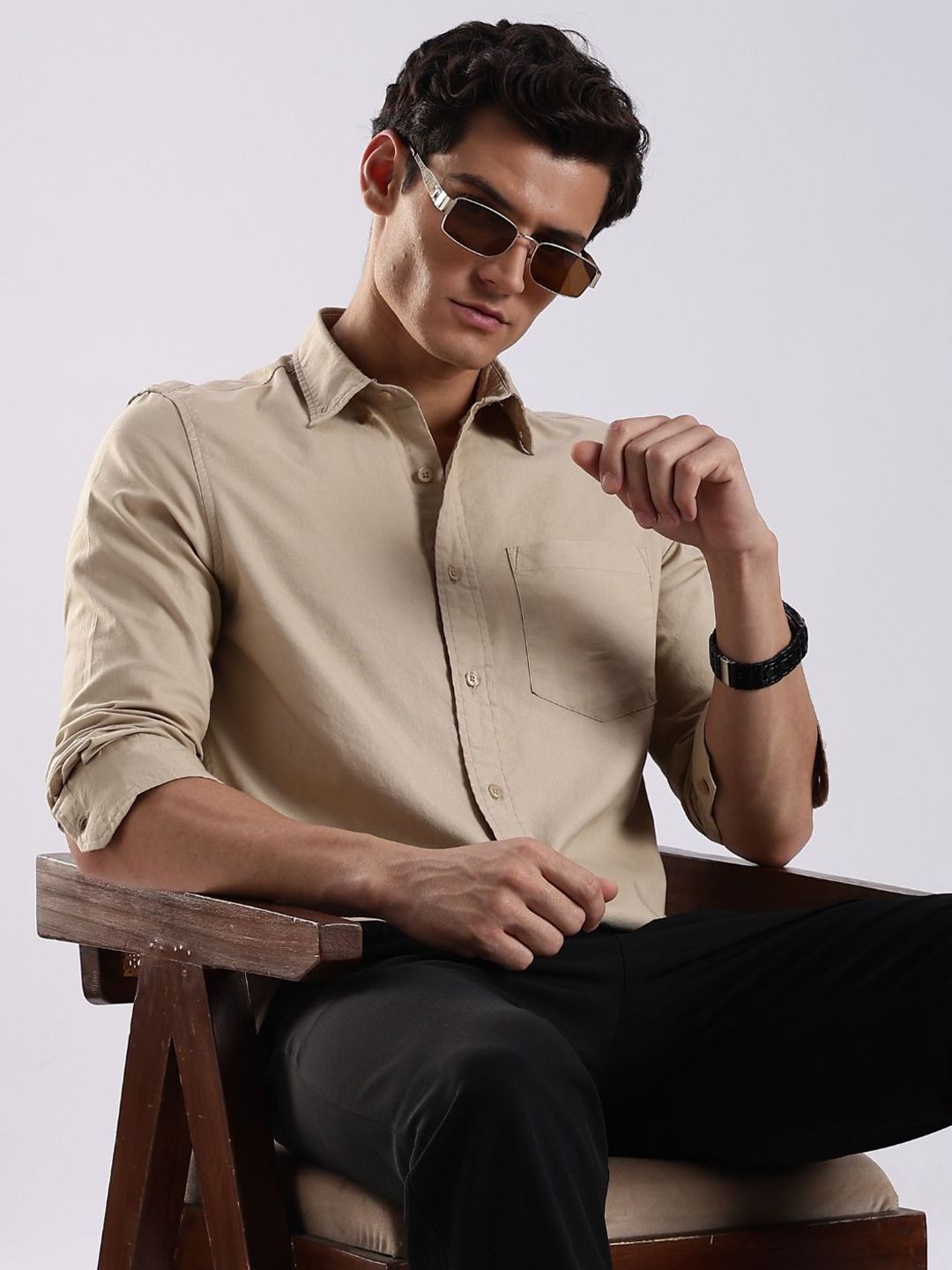 Blu MNKY Men Classic Slim Fit Solid Button-Down Collar Cotton Casual Shirt