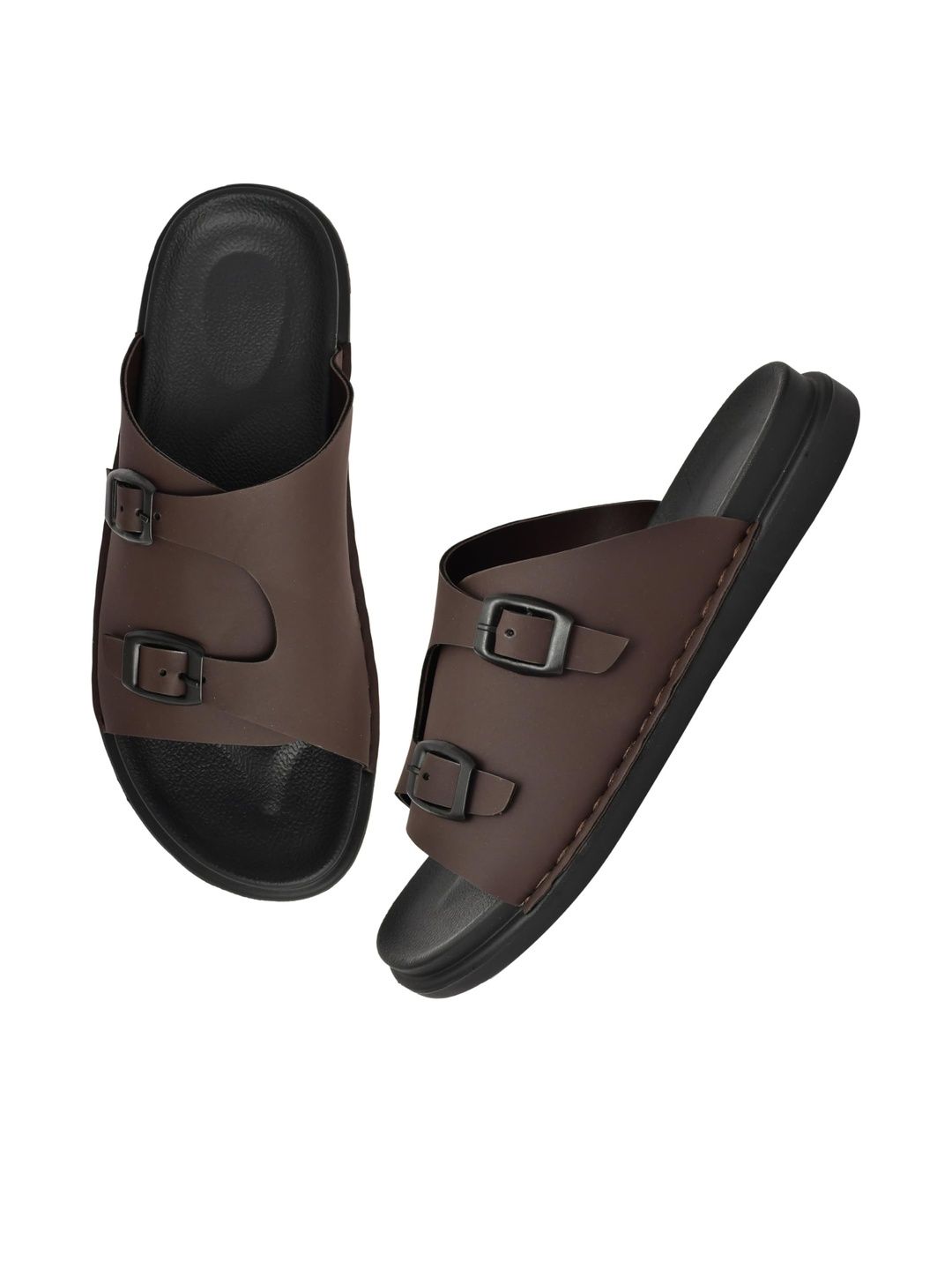 SCARPIA Men Brown Synthetic Leather Slip-On Comfort Sandals