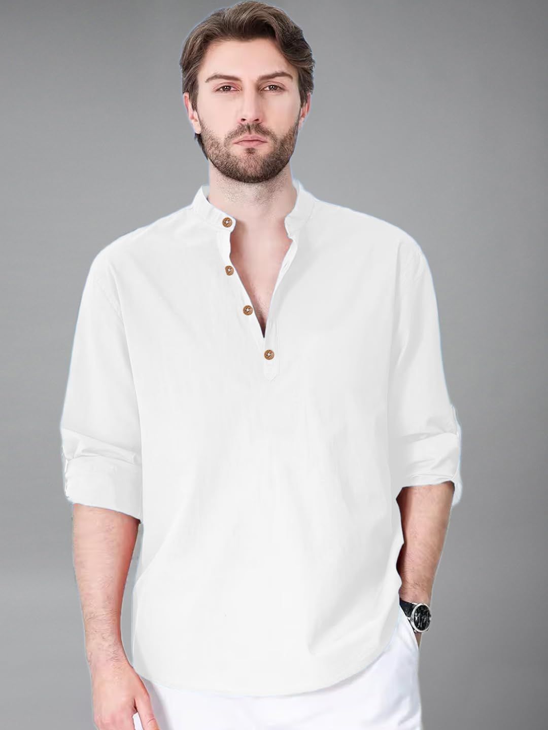 Vida Loca Men Mandarin Collar Roll-Up Sleeves Slim Fit Cotton Kurta