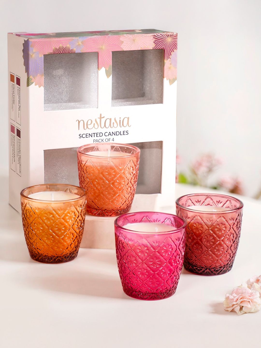 Nestasia Orange Colored & Pink 4 Pieces Citrus Woods Fragrant Scented Textured Jar Candles