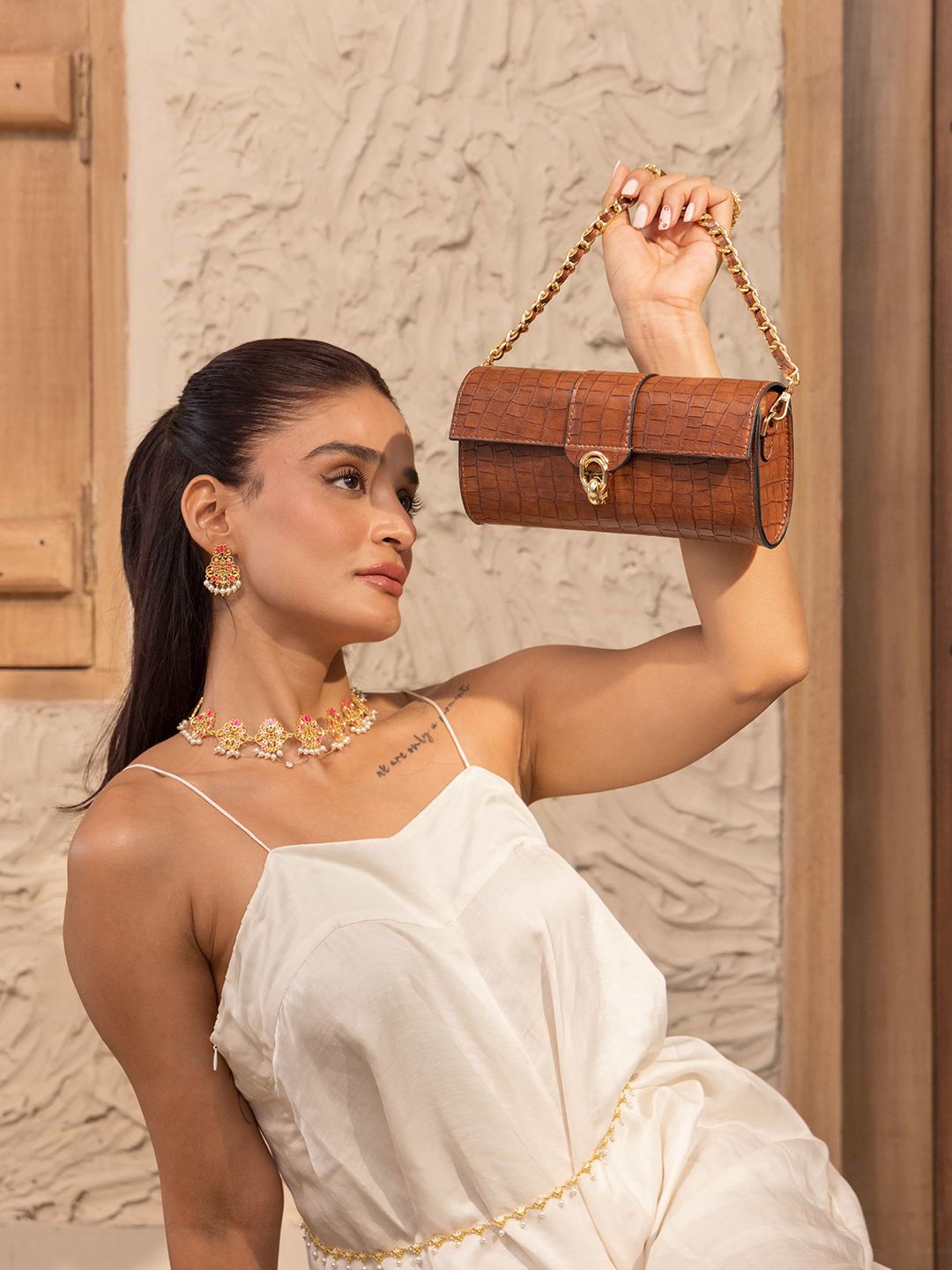 Women Textured Handheld Bag THE GUSTO Women Textured Structured Buckle Detail Handheld Bag