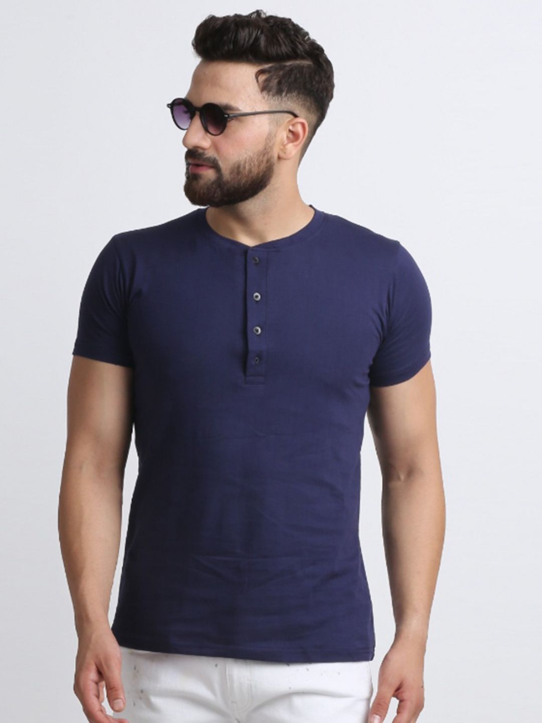 Leotude Men Solid Henley Neck Cotton T-shirt