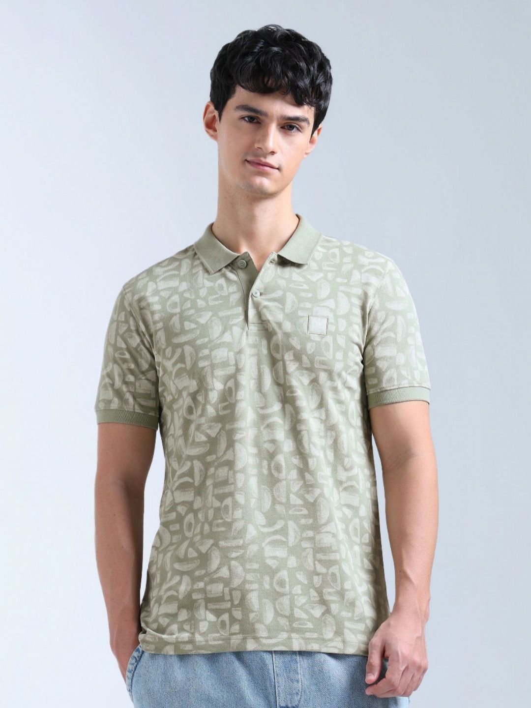 Flying Machine Flying Machine Men Geometric Printed Polo Collar Pure Cotton Slim Fit T-shirt