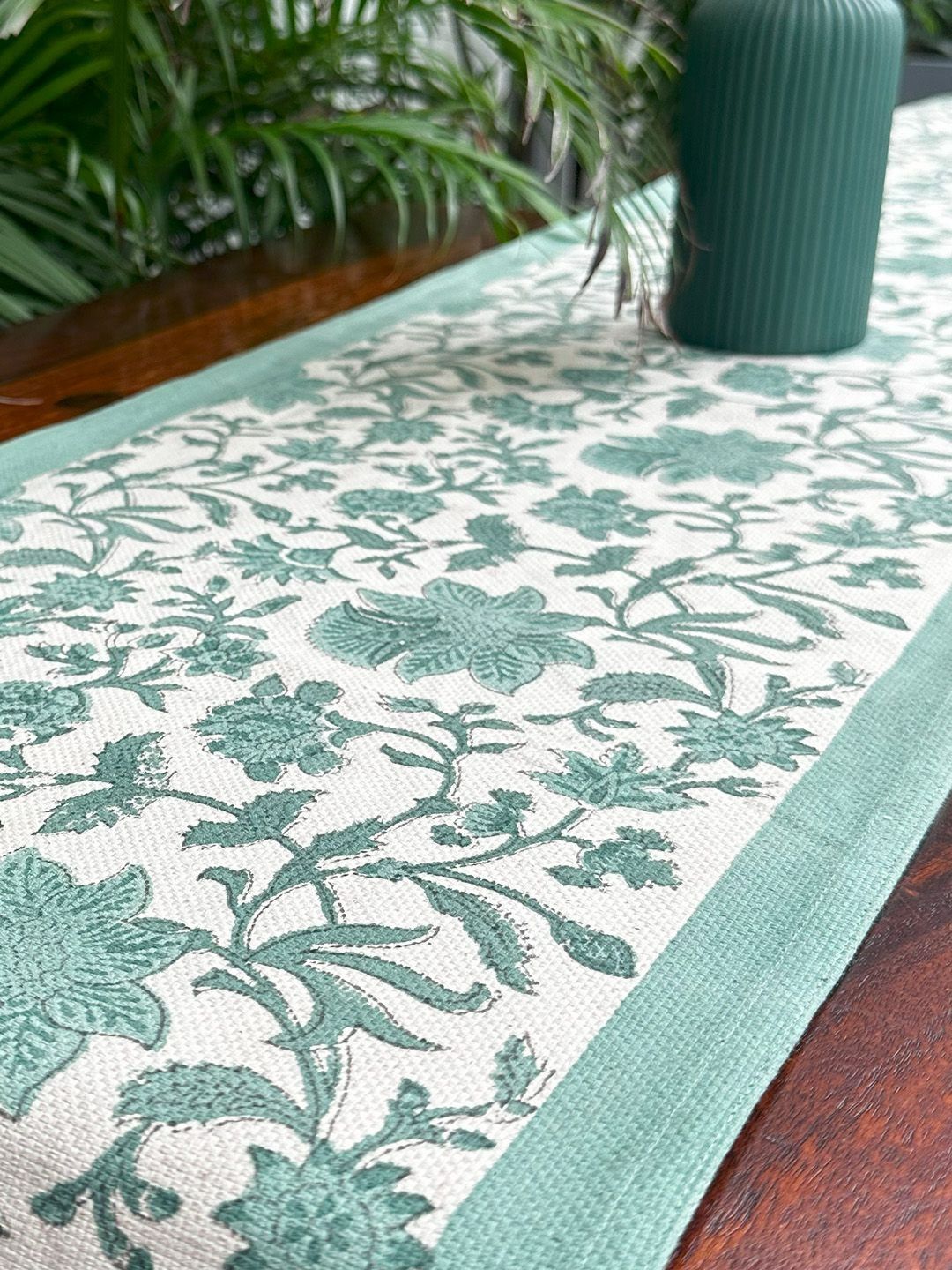 Baarno Green & White Floral Handblock Printed Pure Cotton Table Runner