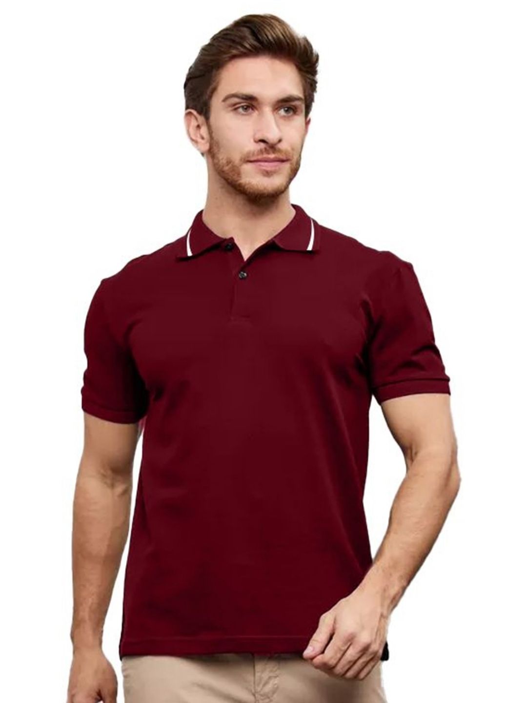 Leotude Men Solid Polo Collar Cotton T-shirt