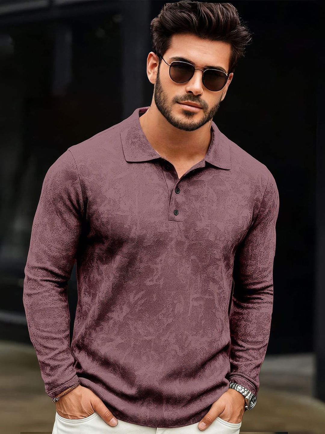 Force Men Self Design Long Sleeves Polo Collar T-shirt