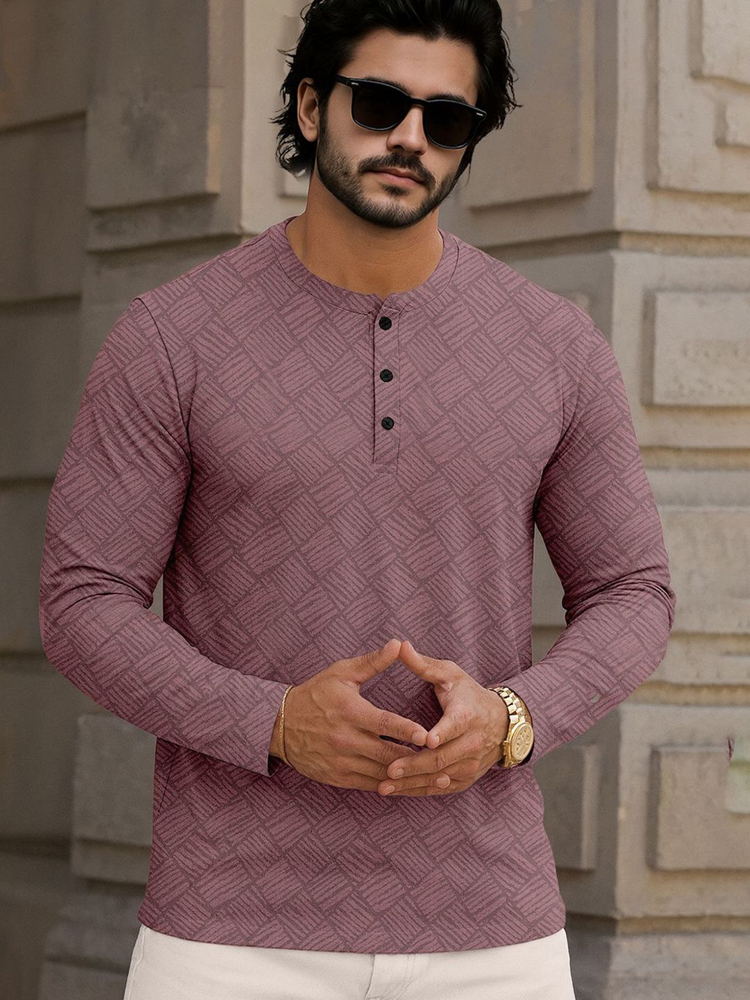 Force Men Henley Neck Printed Self Design T-shirt