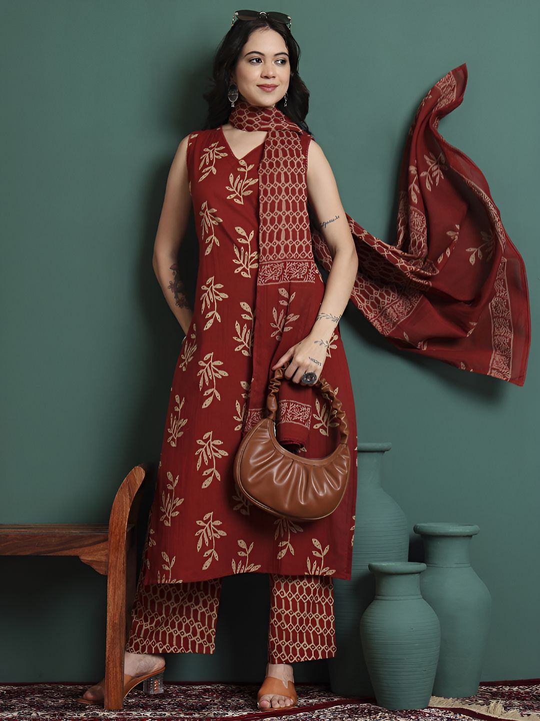 NYPA Women Ethnic Motifs Printed Cotton Kurta with Trousers & Dupatta