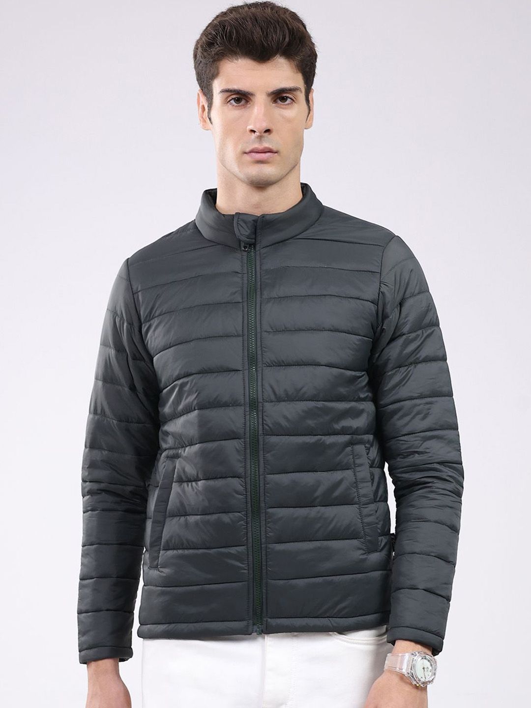 rock.it Men Geometric Mock Neck Full Sleeve Puffer Jacket