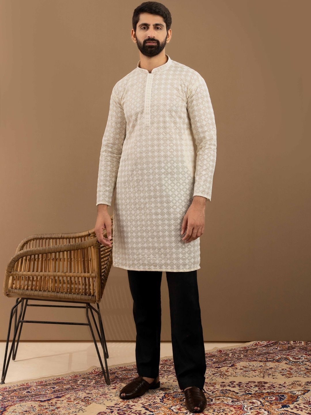 CHIRASVI Men White Polyester Straight Kurtas