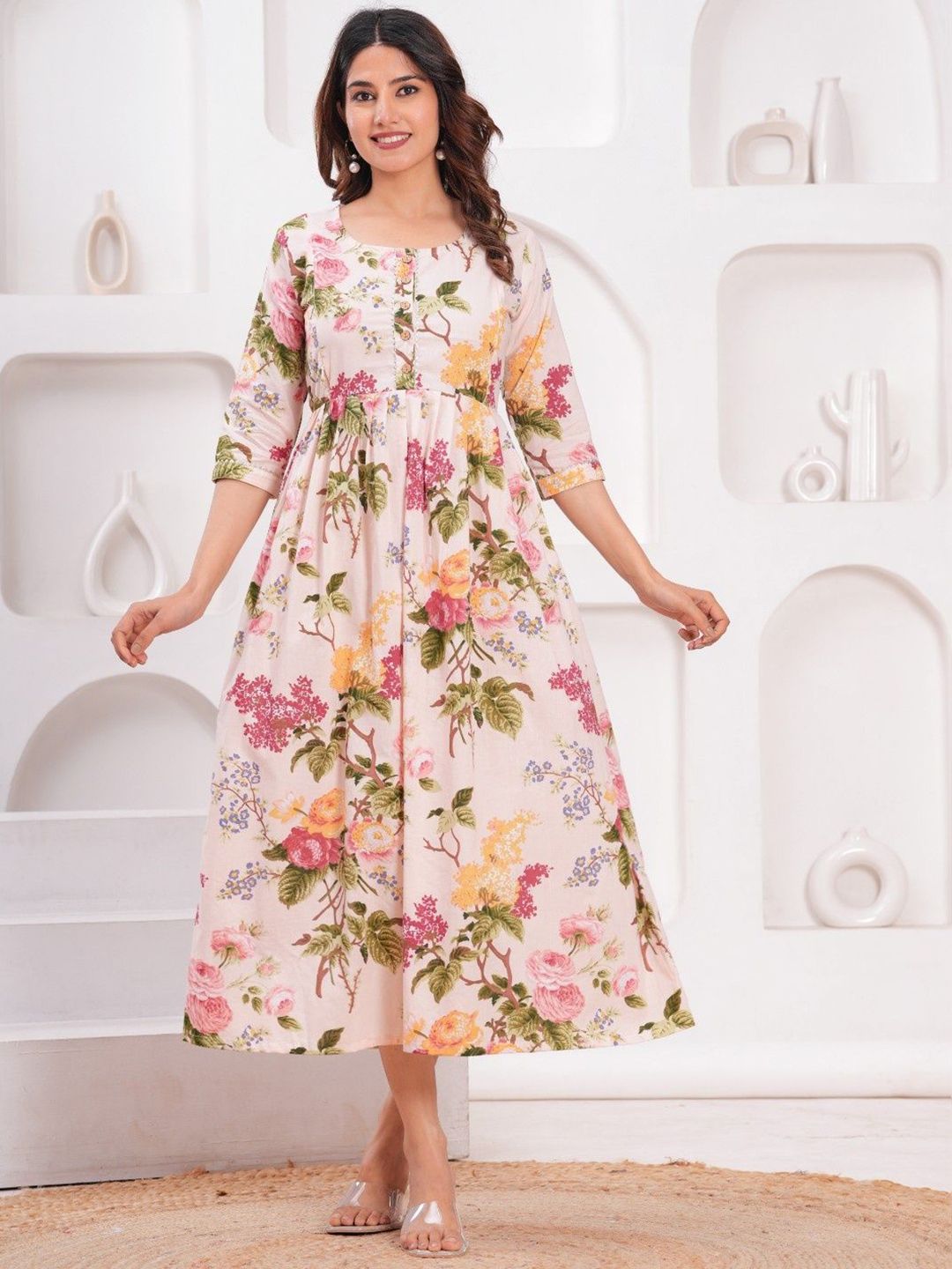 FASHION SWAG Floral Printed Round-Neck Cotton A-Line Maternity Ethnic Dress