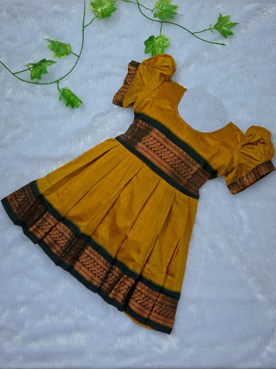 AMBA COLLECTION BOUTIQUE Girls Self Design Puff Sleeves Cotton Fit and Flare Ethnic Dress