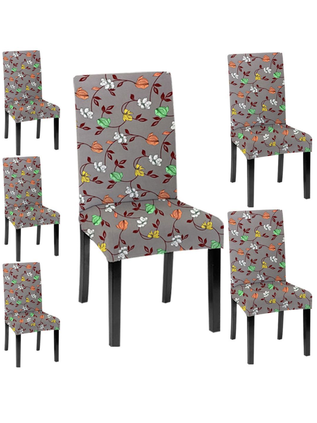 Lazi 200 GSM 6 Pieces Grey & Brown Floral Printed Stretchable Dining Chair Covers