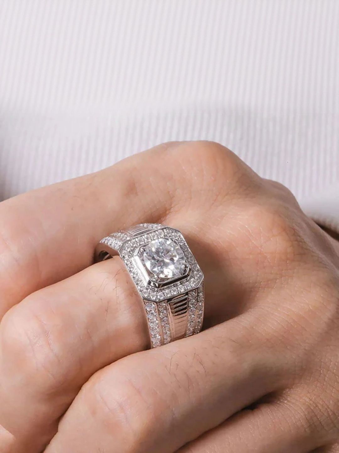 Zarkan Zarkan Men 925 Sterling Silver Rhodium-Plated Cubic Zirconia Adjustable Finger Ring