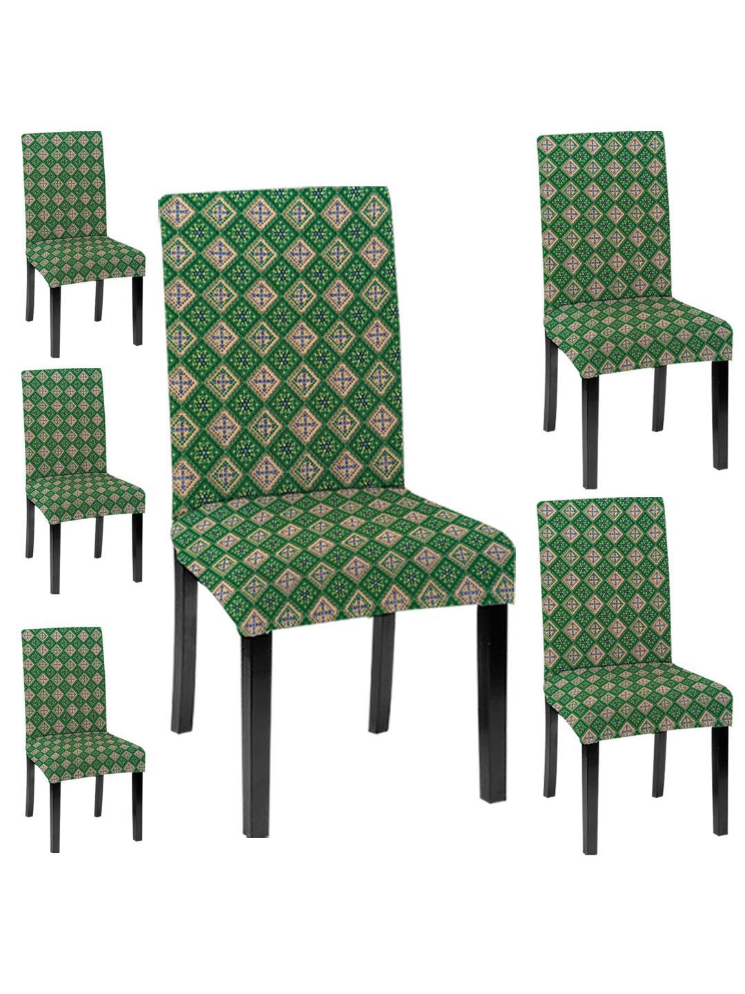 Lazi 200 GSM 6 Pieces Green & Beige Printed Stretchable Dining Chair Covers