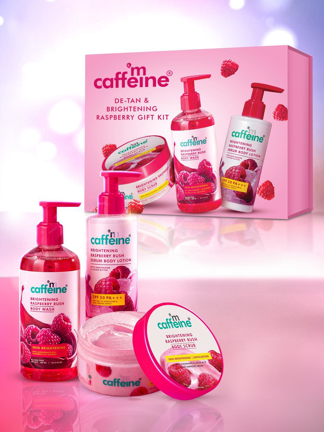 MCaffeine MCaffeine De-Tan & Brightening Raspberry Gift Kit - Body Wash + Scrub + SPF 50 Lotion
