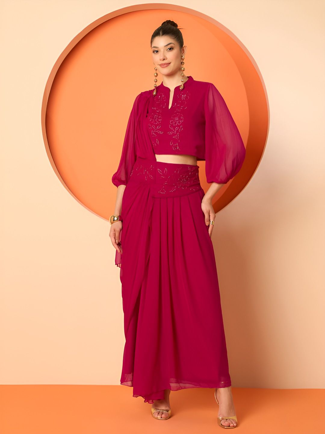 Embellished Top & Draped Skirt Antheaa Embellished Mandarin Collar Top & Draped Skirt
