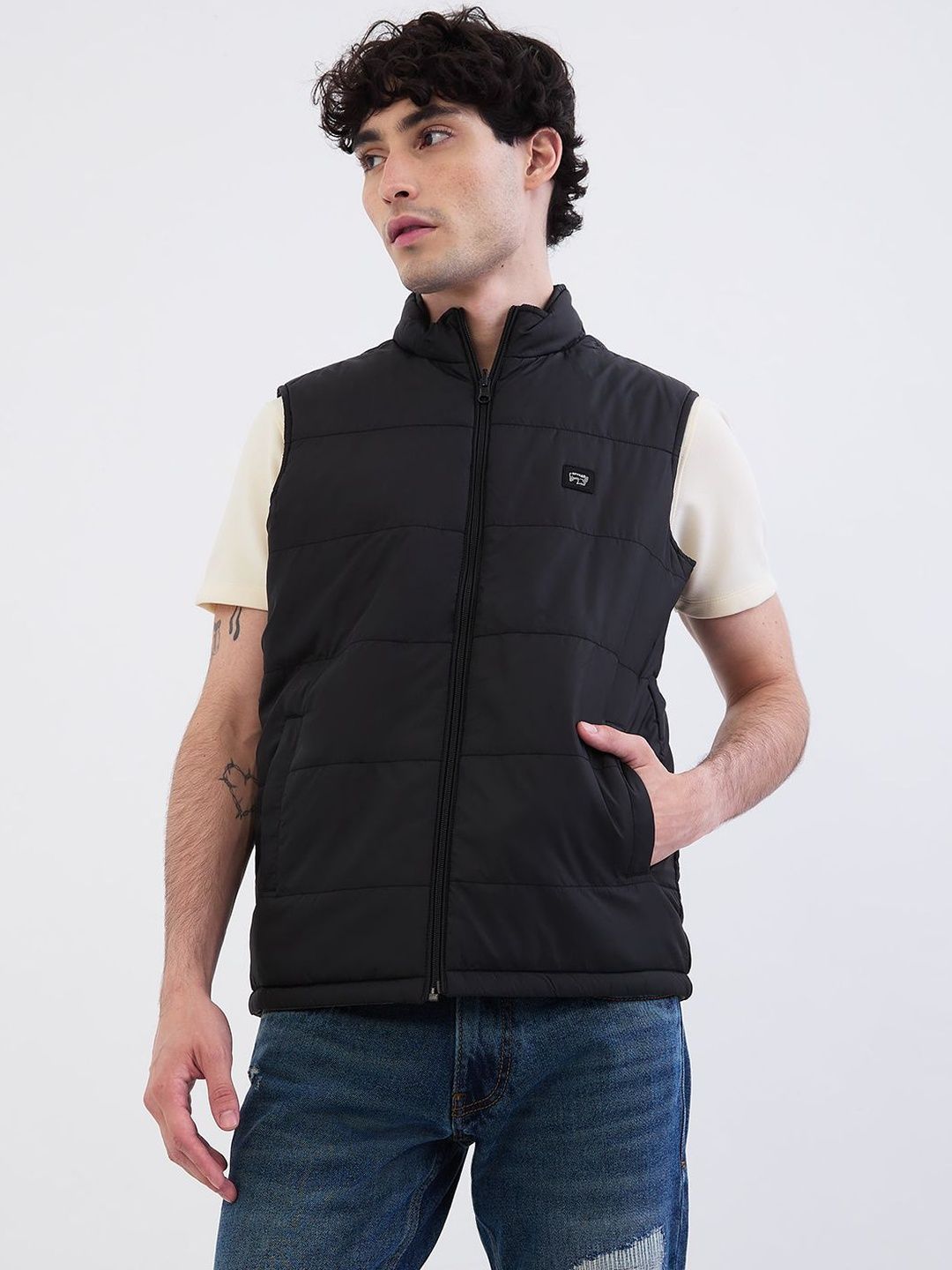 SPYKAR Men Black Polyester Stand Collar Sleeveless Straight Fit Casual Jackets