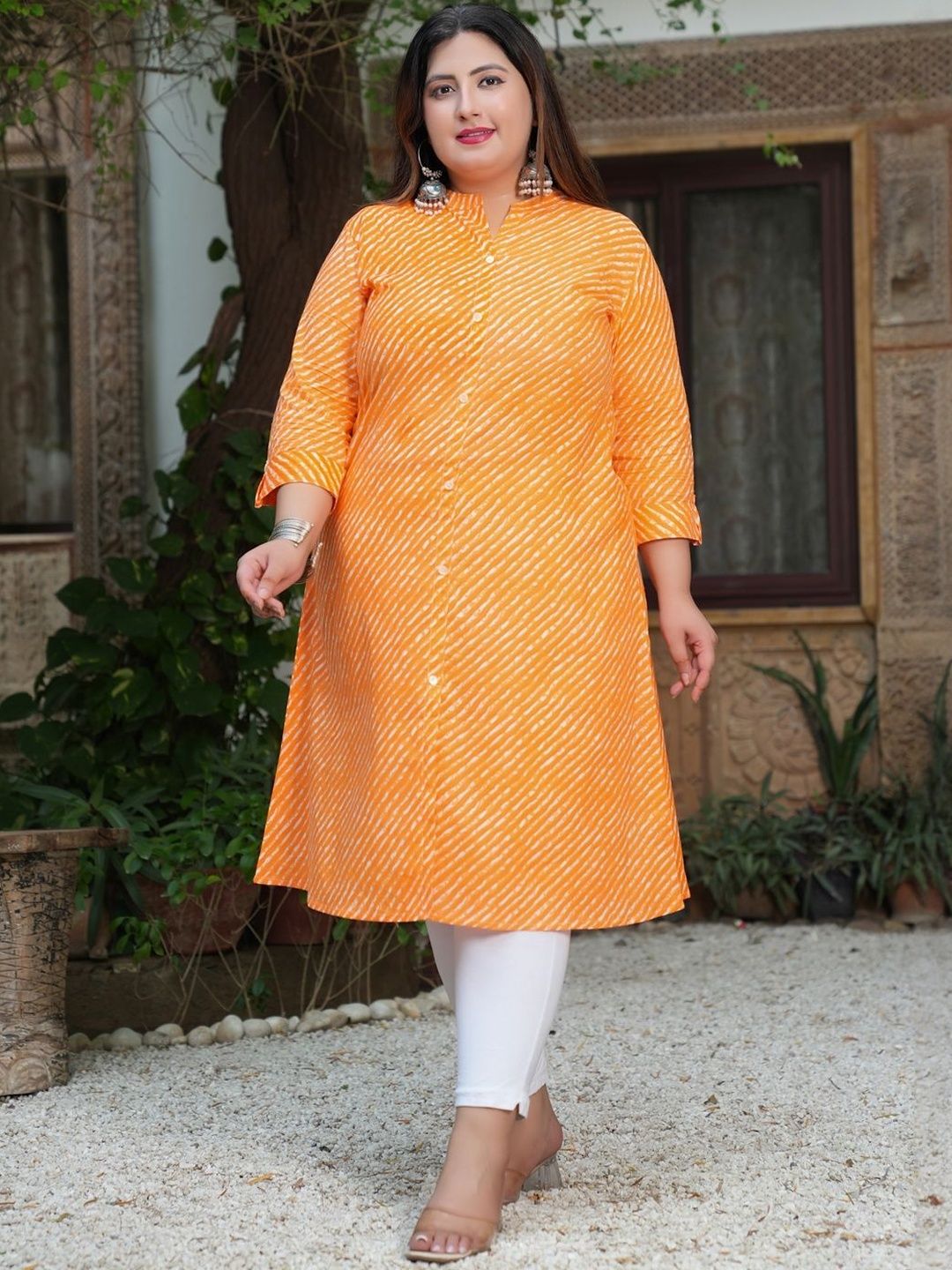 DIVASTRI Women Orange Striped Leheriya Cotton A-Line Kurta
