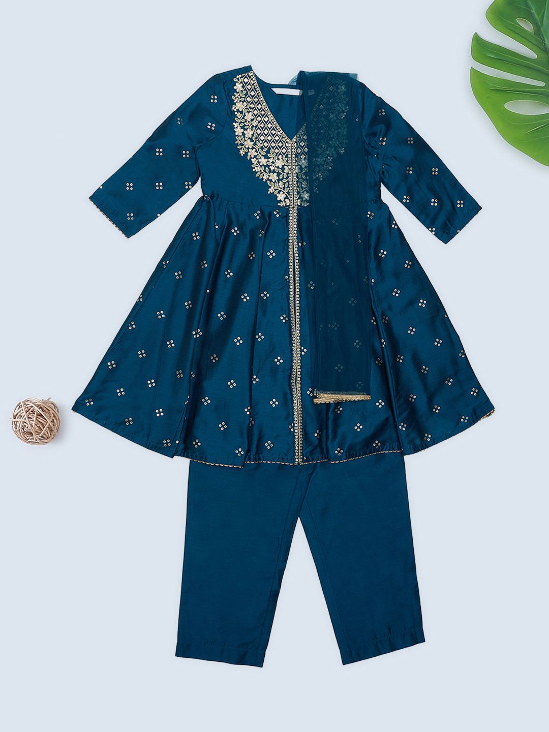 AKKRITI BY PANTALOONS Girls Floral Embroidered V-Neck Sequinned Kurta Trousers & Dupatta