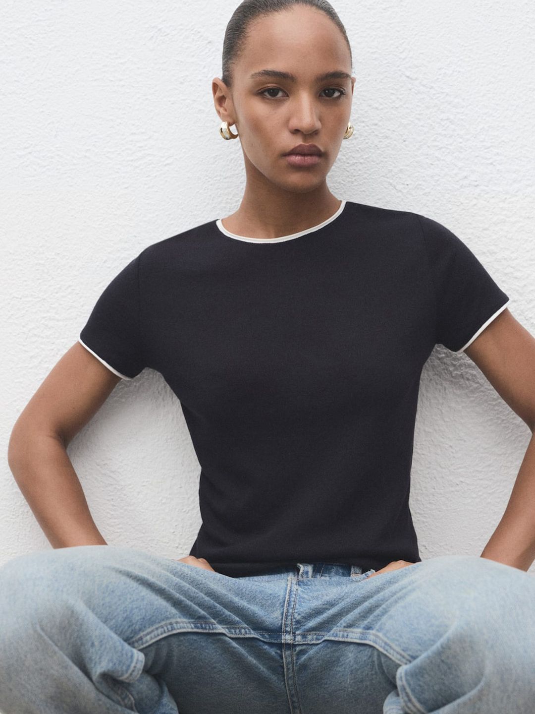 MANGO MANGO Contrast Collar Ribbed T-shirt