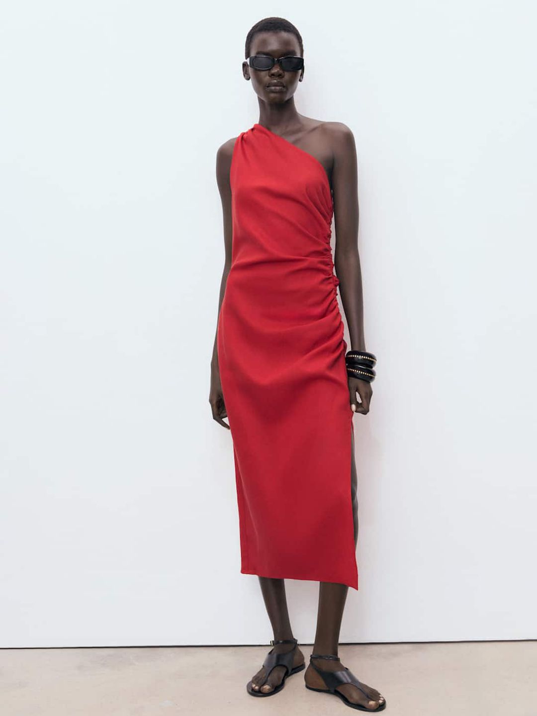 One Shoulder Ruched Midi Sheath Dress with Side Slit