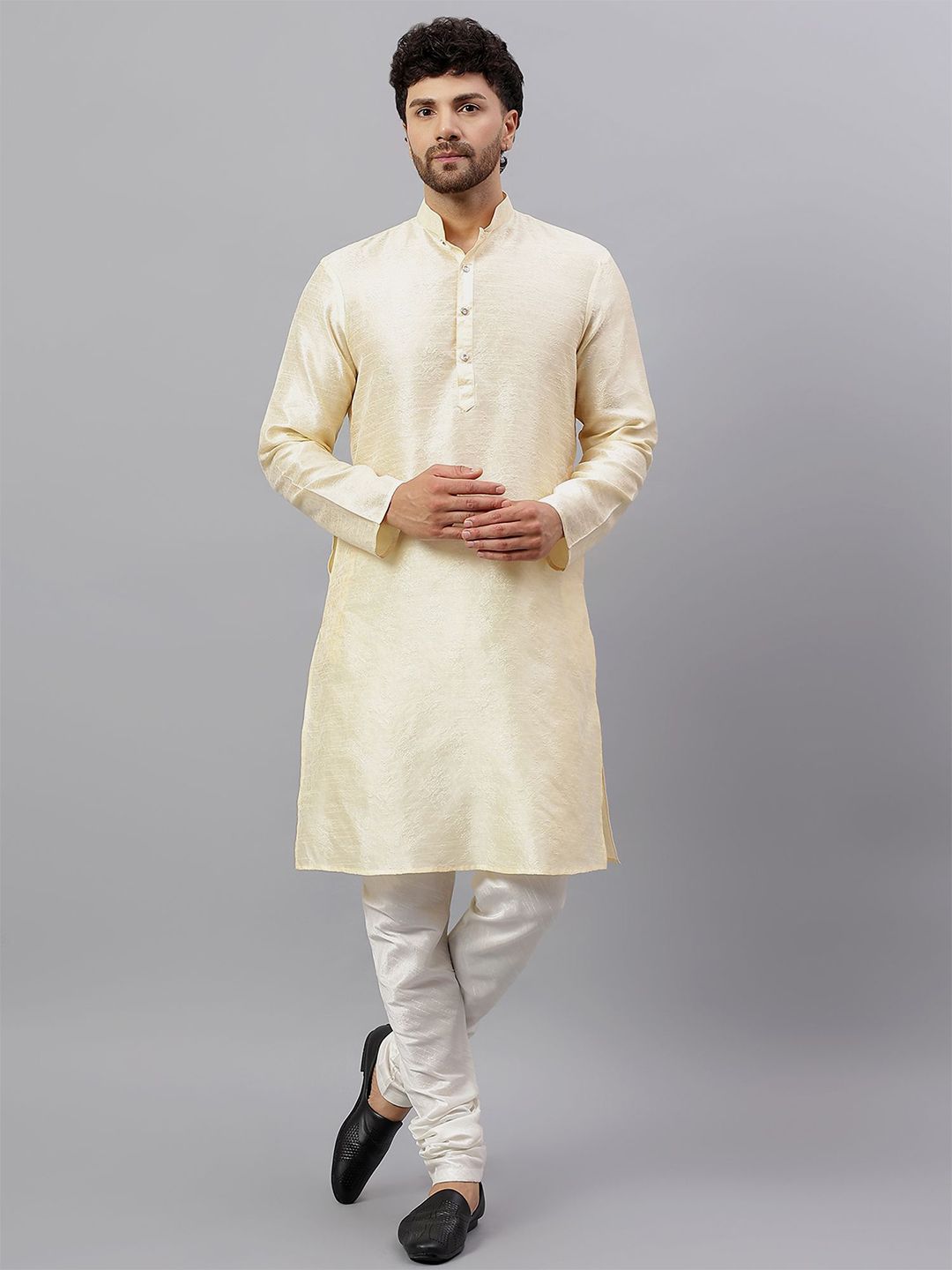 Latest Chikan Garments Men Mandarin Collar Pastels Jacquard Kurta