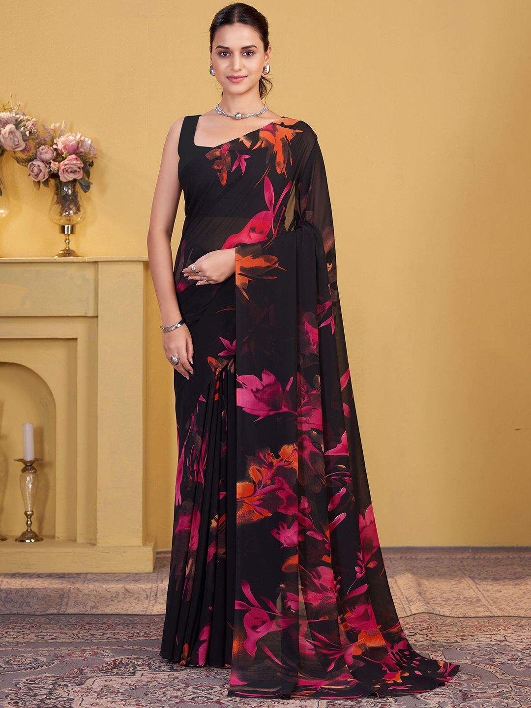 Garden Vareli Georgette Floral Printed Saree Without Blouse Piece