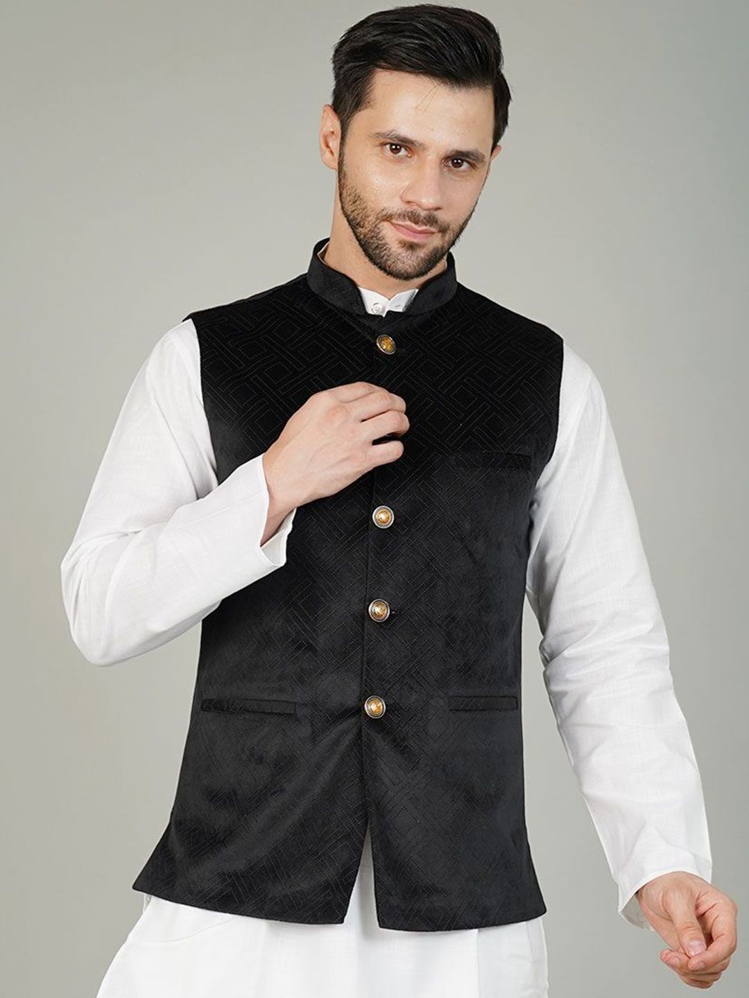 Wintage Men Self Design Velvet Nehru Jacket