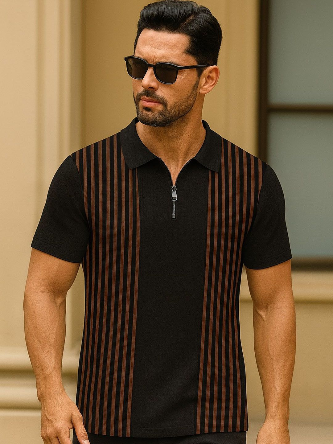 KAJARU Striped Self Design Polo Collar Regular Sleeves Regular Fit T-shirt