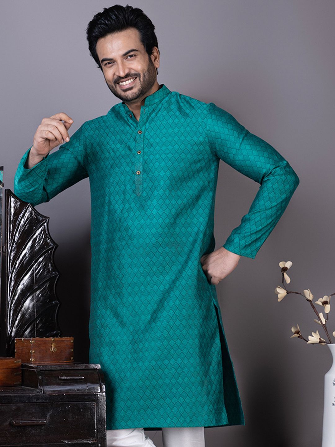 DEVOILER Men Geometric Woven Design Festive Straight Kurta