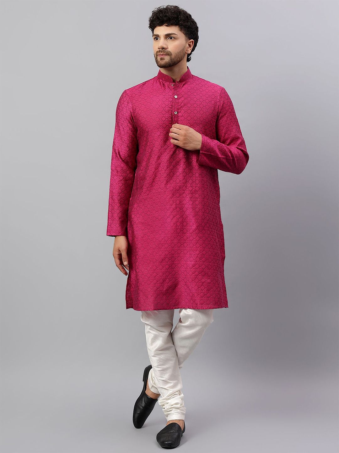 Latest Chikan Garments Self Design Mandarin Collar Pastels Jacquard Silk Kurta