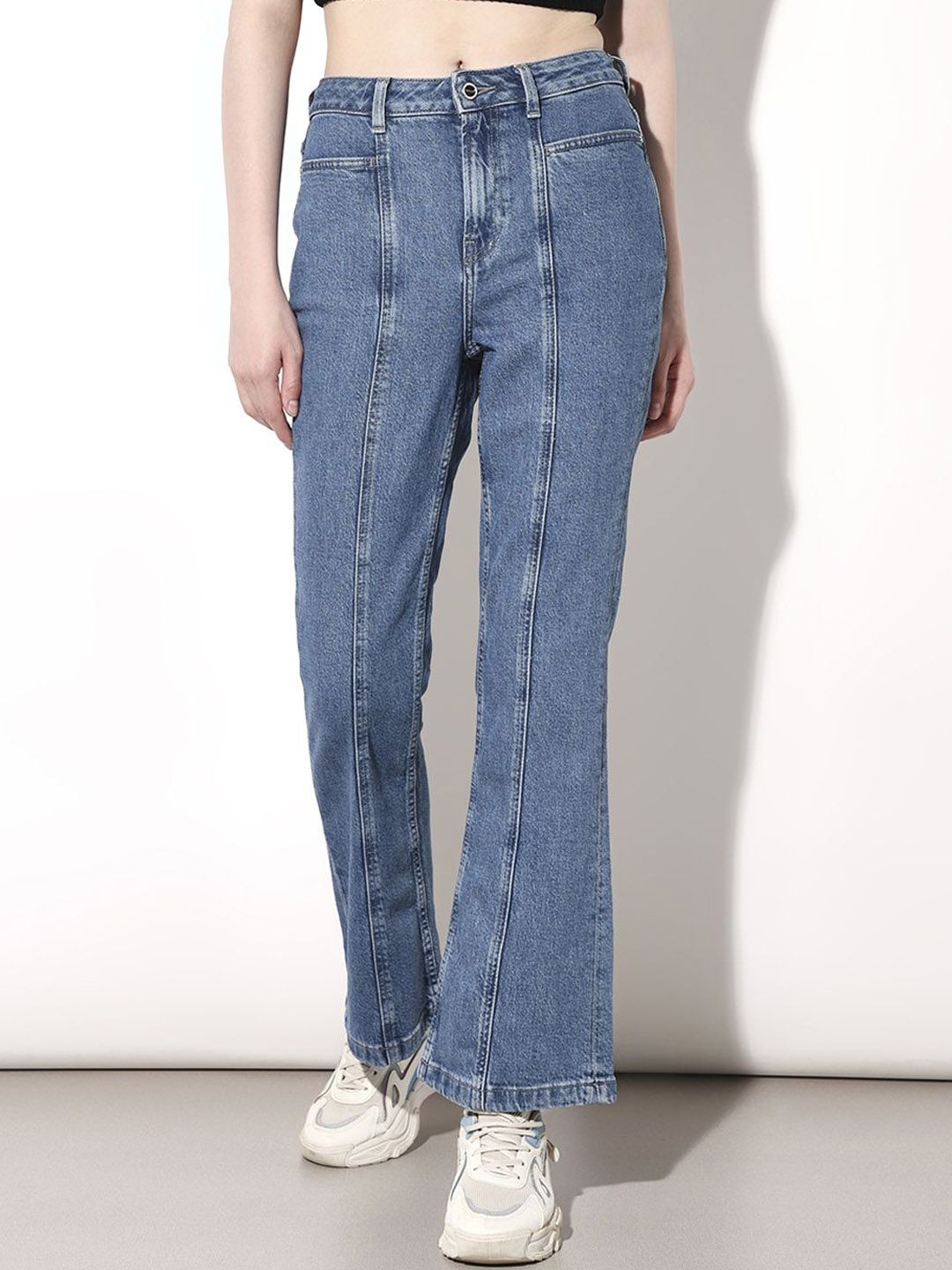 ONLY Women Flared High-Rise Low Distress Light Fade Denim Jeans