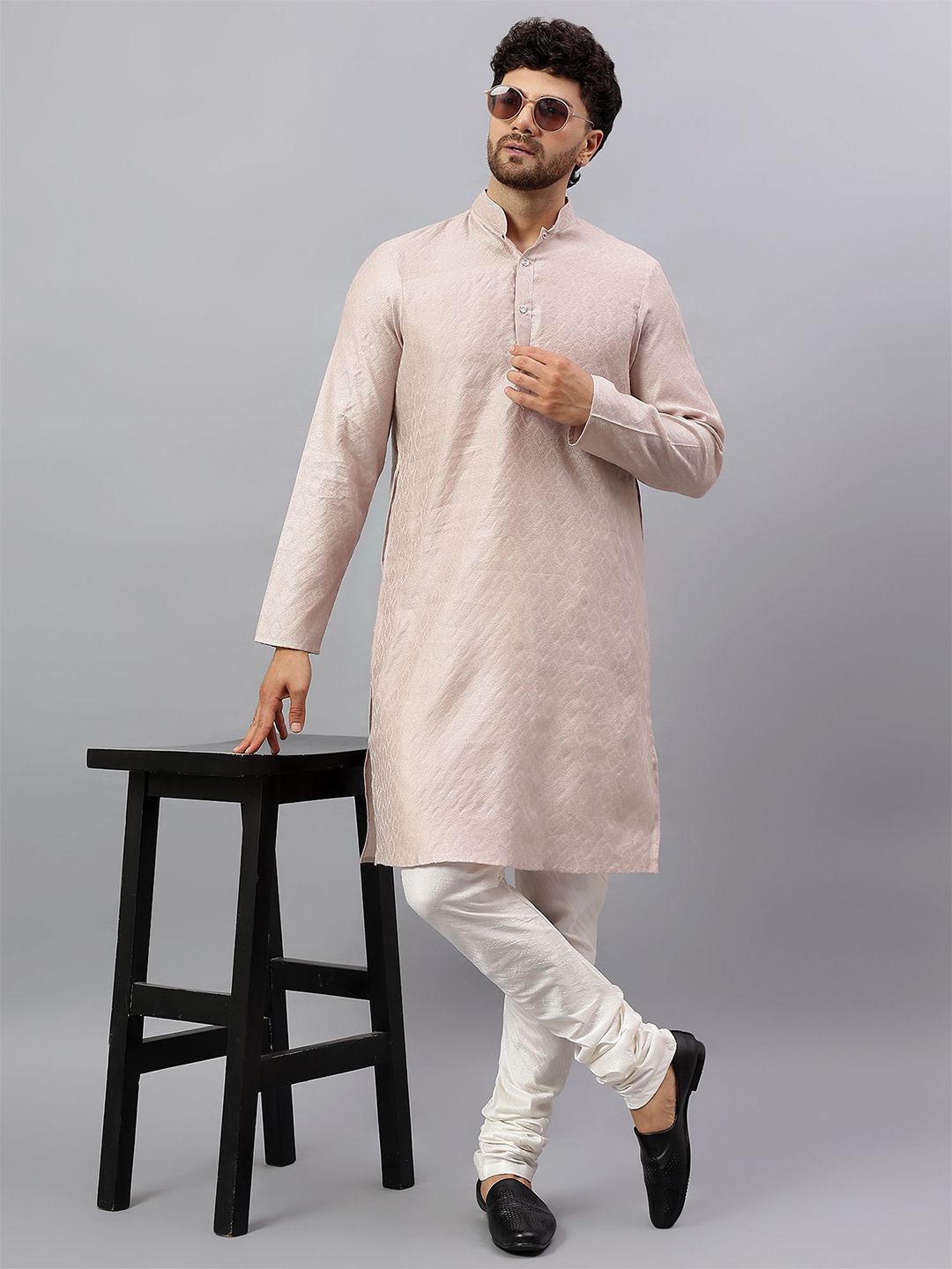 Latest Chikan Garments Embellished Mandarin Collar Pastels Jacquard Kurta