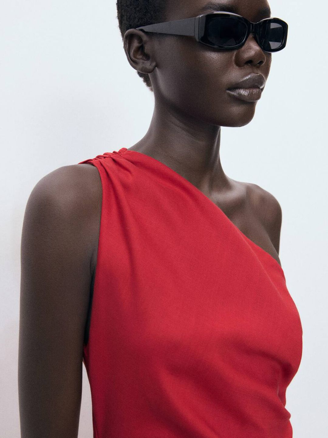 One Shoulder Ruched Midi Sheath Dress with Side Slit