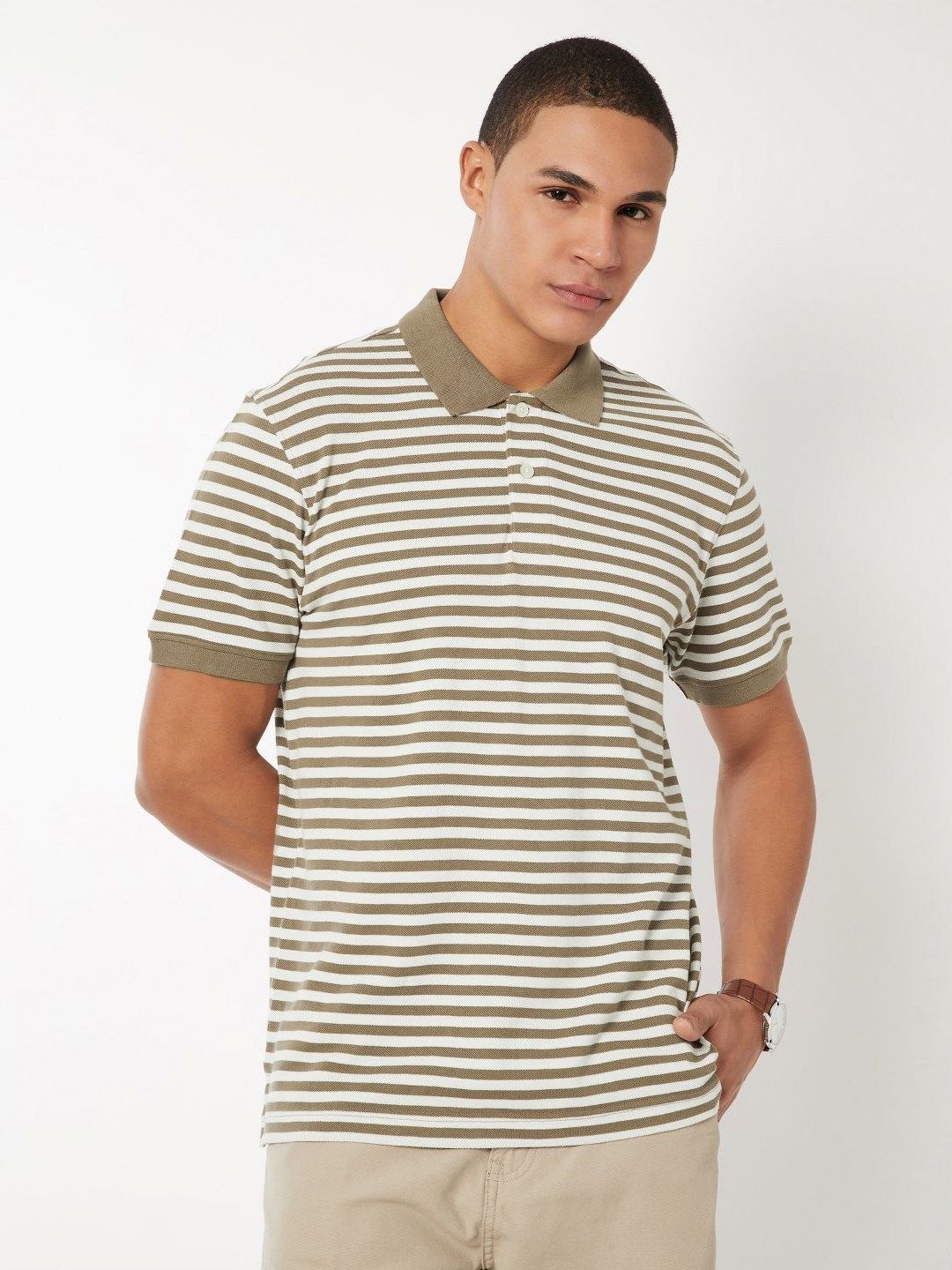 max Men Striped Polo Collar Pure Cotton T-shirt