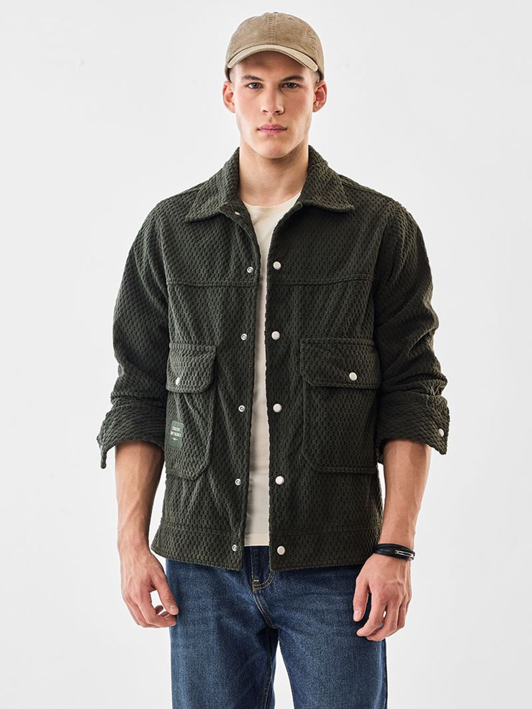 Snitch Men Spread Collar Self Design Tailored Jacket
