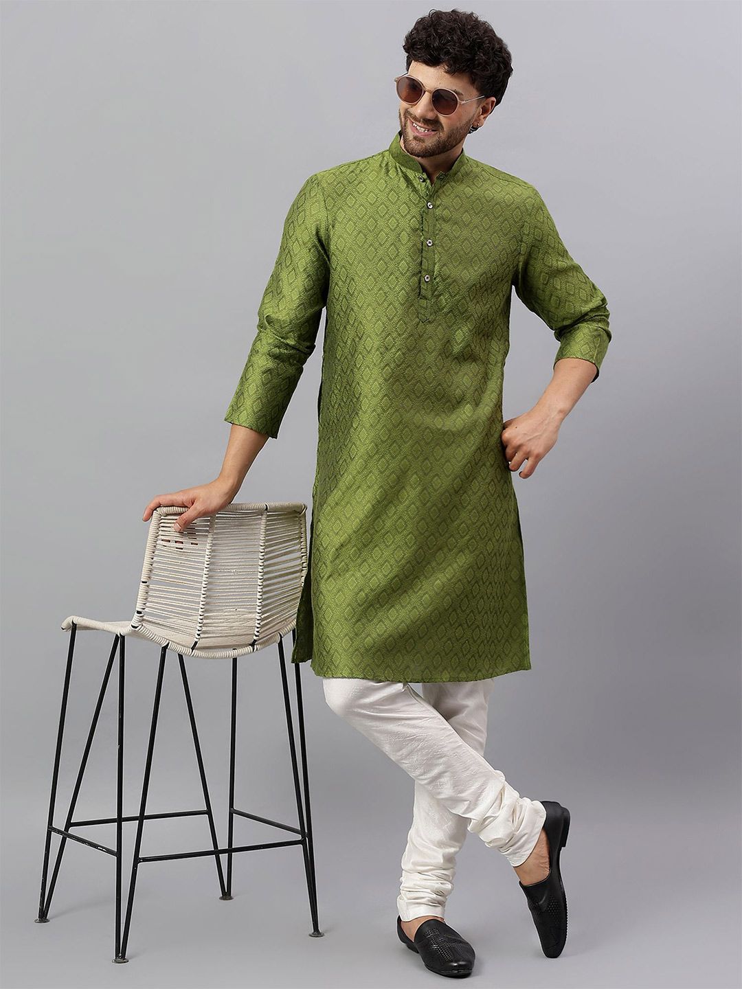 Latest Chikan Garments Floral Woven Design Mandarin Collar Jacquard Straight Kurta