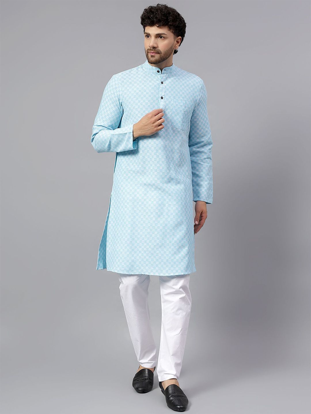 Latest Chikan Garments Men Checked Woven Design Band Collar Cotton Kurtas